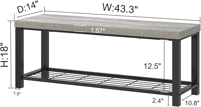 FOLUBAN Entryway Bench, Rustic Wood and Metal Shoe Storage Bench for Hallway Front Door Entrance, Industrial Indoor Bench for Bedroom Living Room, 43.3 Inch Light Grey