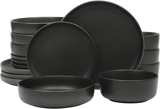 Gibson Elite Pasco 16 Piece (Service for 4) Plates and Bowls Double Bowl Reactive Glaze Dishes Stoneware Ceramic Dinnerware Set - Black