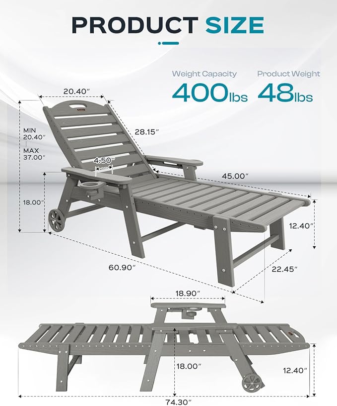 Ciokea Lounge Chair Outdoor, Oversized Chaise Lounge Chair with 5 Positions, HDPE, Patio Lounge Chair with Wheels & Cup Holder for Pool, Deck, Poolside, Grey