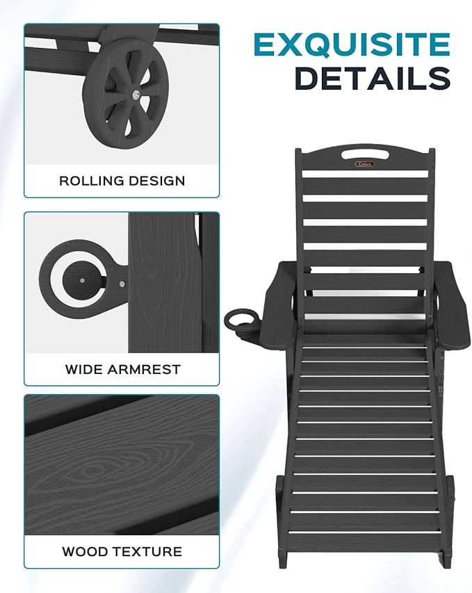 Lounge Chair Outdoor, Oversized Chaise Lounge Chair with 5 Positions, HDPE, Patio Lounge Chair with Wheels & Cup Holder for Pool, Deck, Poolside, Black