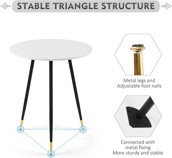 NOBPEINT Round Modern Wooden Side Table, 28 Inches End Table with 3 Metal Legs, Leisure Coffee Table (White)