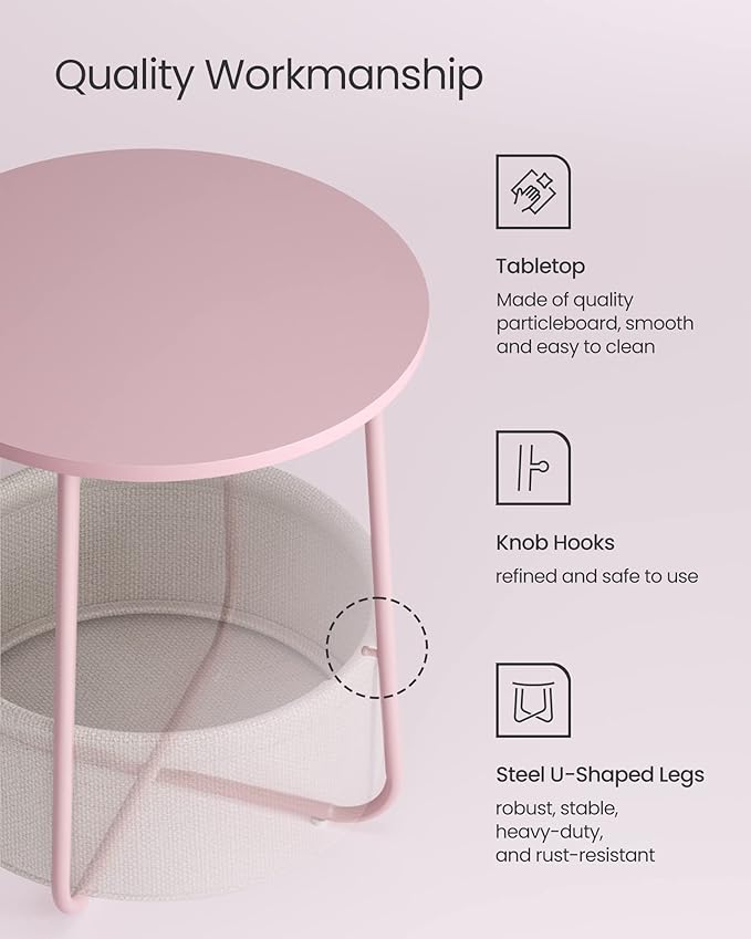 VASAGLE Small Round Side End Table, Modern Nightstand with Fabric Basket, Jelly Pink and Cream White ULET223R61