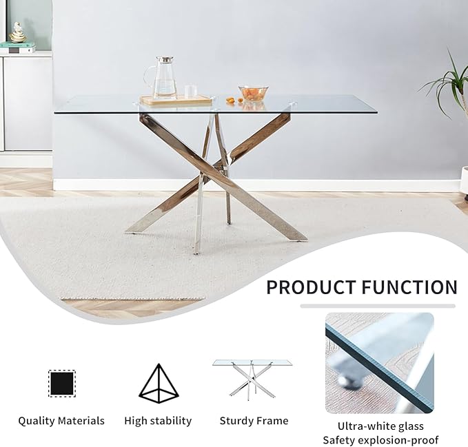 51-Inch Glass Dining Room Table for 4-6 People, Modern Rectangular Kitchen Dining Table with Silver Cross-Shape Stainless Steel Legs for Apartment Kitchen Dining Room