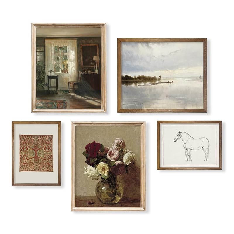 Neutral Wall Art for Boho French Country - Aesthetic Flower Landscape Lake Poster - Vintage Modern Farmhouse Wall Decor - Bathroom Picture Bedroom Print - Green Cottagecore Room Decor - Gallery Set 5