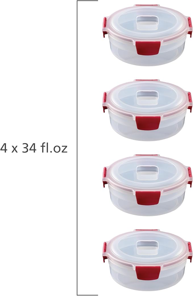 Joseph Joseph Nest Lock 8-piece Plastic BPA Free Round Food Storage Container Set with Lockable Airtight Leakproof Lids - Red
