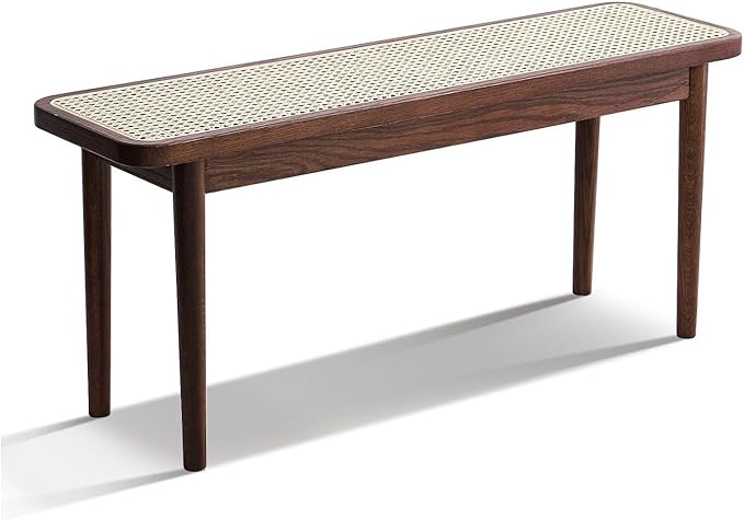 47.2'' Natural Rattan Dining Bench with 100% Solid Oak Wood Bench Frame, Bed End Shoe Ottoman for Kitchen Bedroom Entryway, Walnut