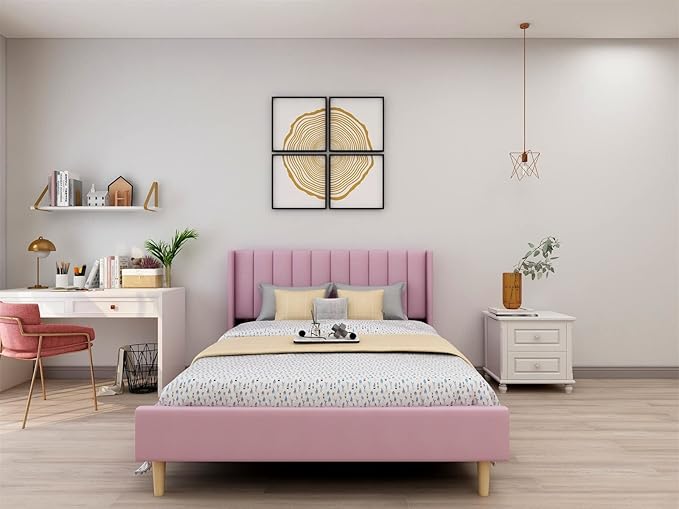 Low Profile Upholstered Platform Bed,Queen Beds with Pink(Velvet)
