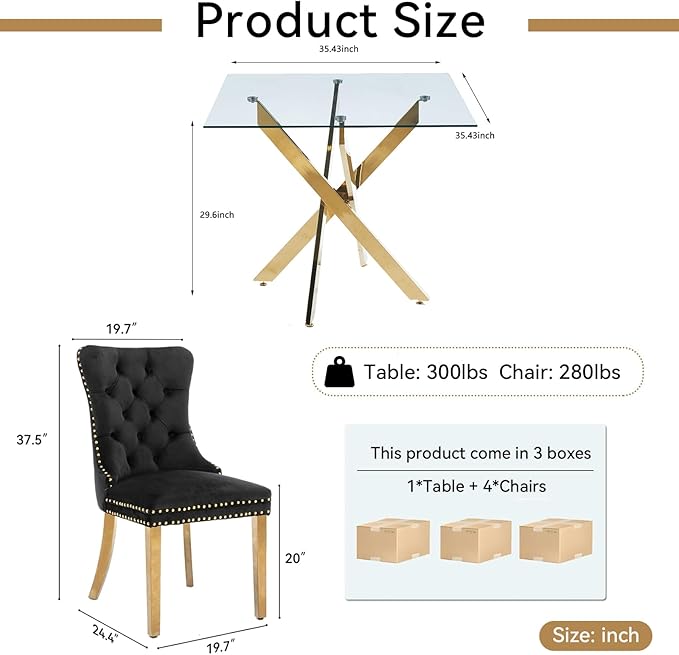 Goujxcy 5 Piece Glass Dining Table Set Modern Small Glass Dining Table Set for 4, 35.43" Square Kitchen Table and 4 Velvet Upholstered Chairs for Kitchen Dining Room, Gold & Black