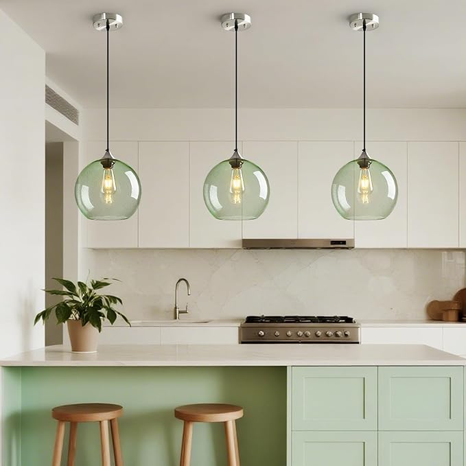 Light Green Glass Pendant Lights Kitchen Island Globe Pendant Light Fixtures Modern Pendant Lighting for Bedroom Living Dining Room Light Fixture (9.84 in, 3 Pack)
