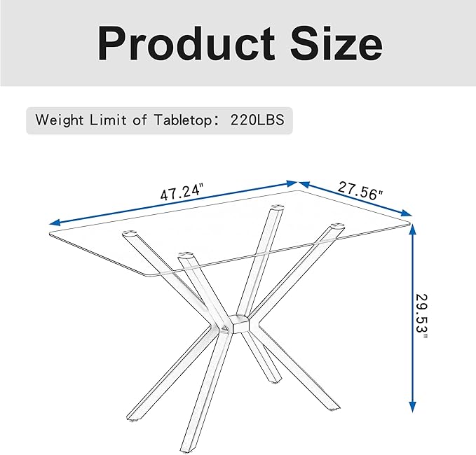 47" Tempered Glass Dining Table for 4, Modern Kitchen Table Rectangle Top, Geometric Metal Leg, for Apartment Dining Room Restaurant (All Black)