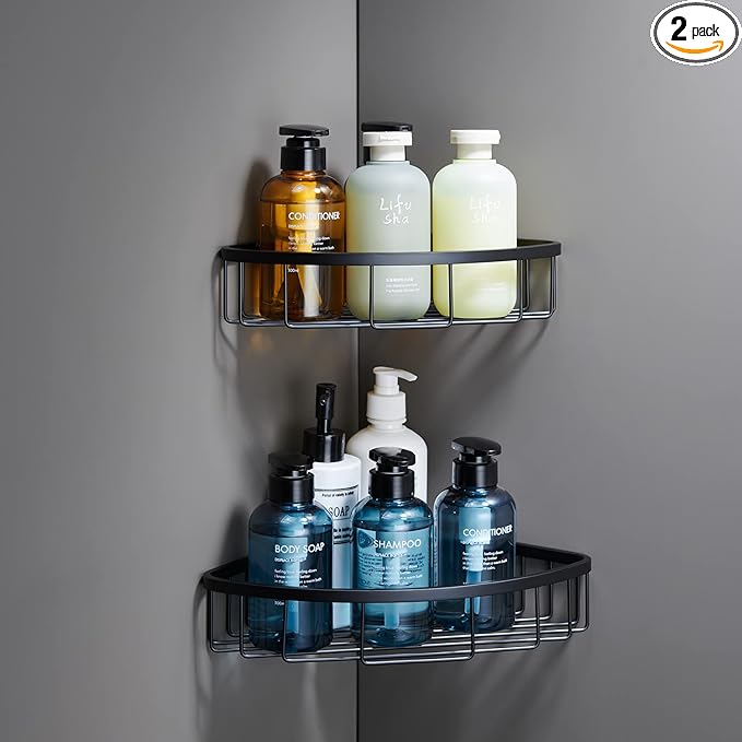 [2 Pack] Corner Shower Caddy Shelf Organizer, Stainless Steel Heavy Duty Rust-Proof Shampoo Holder, Wall Mounted Storage Rack for Bathroom & Kitchen, Matte Black