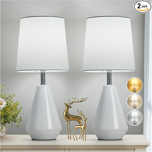 Small Bedside Table Lamp for Bedroom-Reading Desk Lamp Set of 2,with 3 Color Temperatures,15.5" Nightstand Ceramic Lamp with Fabric Shade for Kids Room,Living Room,Dorm,Home Office(White)