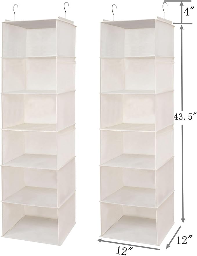 6 Shelves Hanging Closet Organizer, 2 Pack Hanging Storage with 4 Side Pockets for Clothes Shoes, 43.5"x12"x12"(Beige)