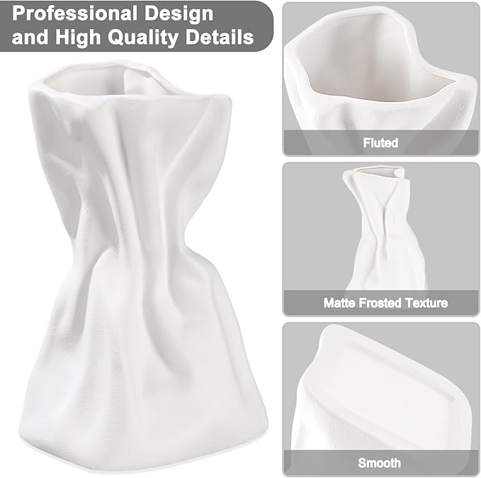 Paper Bag Vase Set of 2, White Ceramic Vases, Flower Vases, Aesthetic Minimalist Boho Vase for Modern Trendy Home Room Table Centerpiece Decor