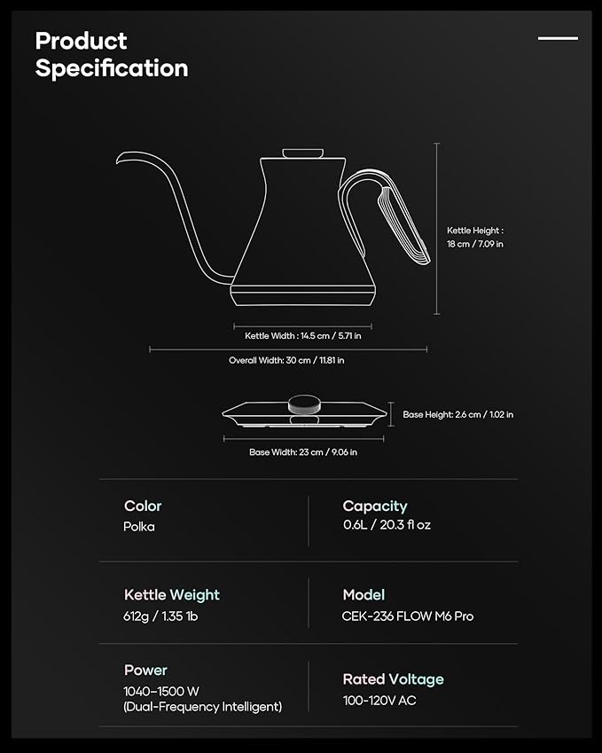 Cocinare FLOW M6 Pro Electric Gooseneck Kettle with Color-Changing Design, ±0.5℉ Temperature Control for Pour-over Coffee & Tea, Stainless Steel Interior, Quick Heating for Boiling Water (Polka)