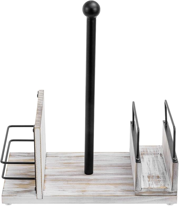 MyGift All-in-One Paper Towel Holder Kitchen Caddy, Shabby Chic Whitewashed Solid Wood and Industrial Matte Black Metal Dining Combo Rack with Paper Towel Dispenser, Napkin Holder, and Spice Rack