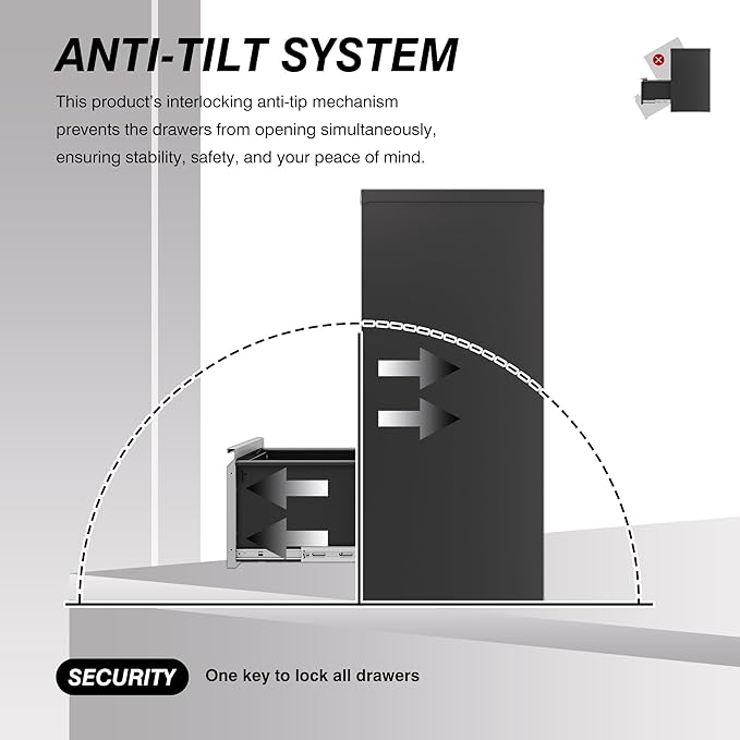 Vertical Small Filing Cabinet Steel Lockable Storage Cabinets for Home Office Hanging Letter/Legal/F4/A4 (4 Drawer, Black Gray)