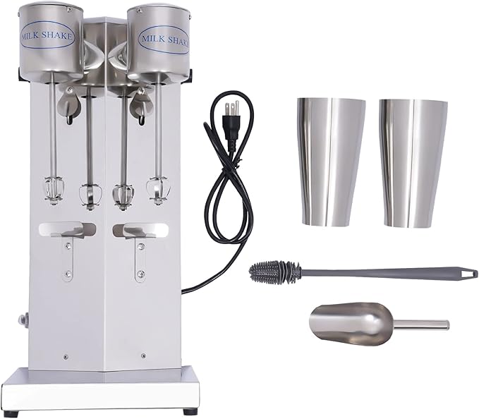 Electric milkshake machine with two heads Milkshake machine, commercial stainless steel Milkshake machine with double-head drink stirrer Household milkshake machine for making drinks Silver color