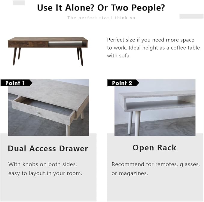 EMOOR Wooden Small Coffee Table with Storage Rectangle Large (47.2"x19.7") Rustic Brown, Floor Sitting Low Table Small Space Minimalist Japanese Tatami Room