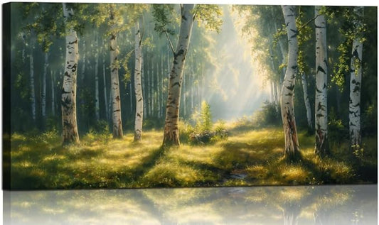 Nature Wall Art Forest Scenery Wall Art Landscape Pictures Green Birch Tree Canvas Print Beautiful Painting Decor for Living Room Mountain Canvas for Home Office Decorations 20x40Inch