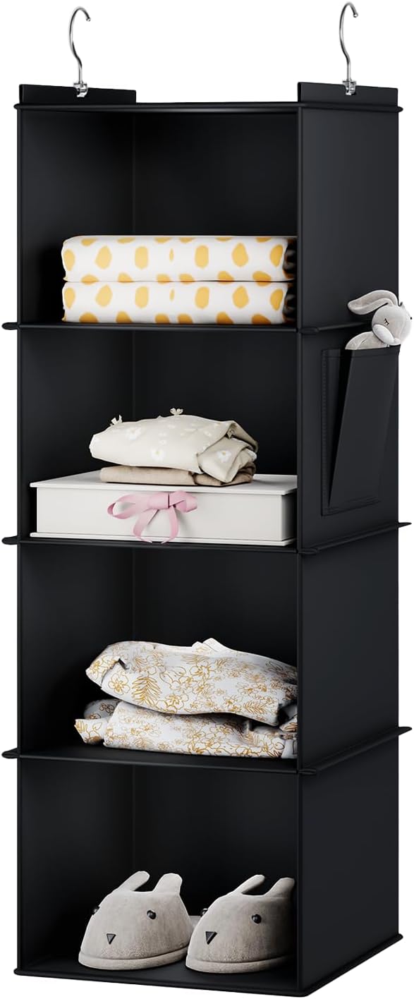 Hanging Closet Organizer, 4-Shelf Closet Hanging Storage Shelves, Black