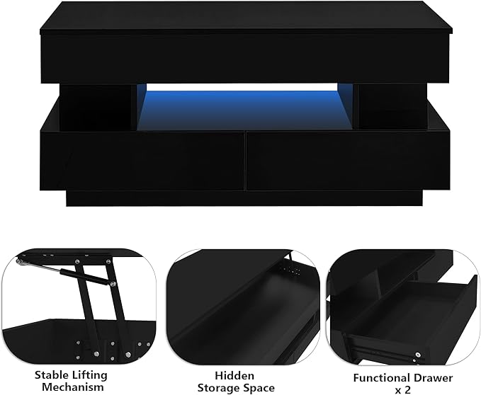 Modern High Gloss LED Coffee Table 39.3-Inch Multi-Functional Lift-Top Center Table with Hidden Storage Space, 2 Drawers for Small Spaces Living Room, Black