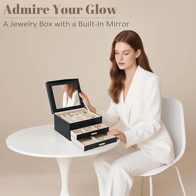 Amearea Jewelry Box Organizer for Women Girls with Mirror, 3-Layer Large Jewelry Storage Case, Synthetic Leather Jewelry Holder Organizer with Removable Tray for Necklaces Earrings Rings, Black