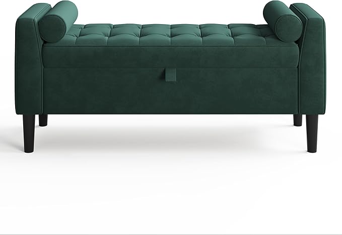 46.5" Storage Ottoman Bench – Upholstered End-of-Bed Storage Chest with Rolled Armrests & Wood Legs, Entryway Shoe Bench and Footrest Seat for Hallway, Bedroom & Living Room & Walk-in Closet (Green)
