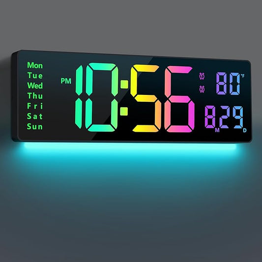 Digital Wall Clock Large Display 16", Digital Clock with 11 RGB Colors Changing Remote Control, LED Clocks with Night Lights for Living Room Bedroom Office Classroom Decor, Auto DST (Multicolor)