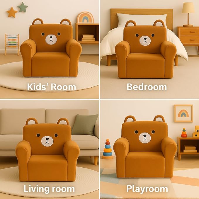 Cute Animal Toddler Foam Chair, Soft Faux Rabbit Fur, Removable Washable Cover, Kids Reading, Watching TV, or Relaxing, for Playroom, Bedroom, Living Room, 1-3 Years Old, Bear