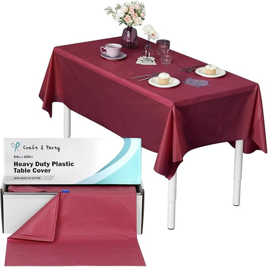Craft And Party, 54 in x 100 feet Plastic Table Cover Roll for Party, Banquet, Picnic, Kids Activities for Any Size and Shape Table (Burgundy, 54" x 100ft)