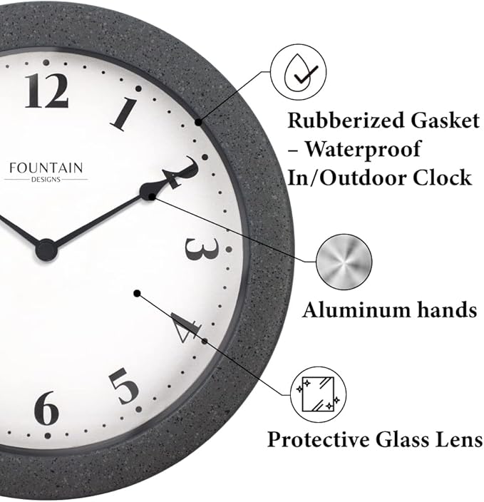8.26" Small Nordic Indoor/Outdoor Clock, Waterproof & Weatherpoof Clock for Bathroom, Patio,Pool and Kitchen,Modern Style (Gray Sandstone Finish)