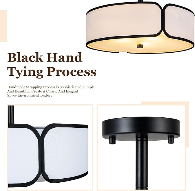 16" Semi Flush Mount Ceiling Light - 3 Lights Drum Light Fixture with Black Border White Fabric Shade, Farmhouse Close to Ceiling Light for Bedroom Living Dining Room Foyer and Hallway