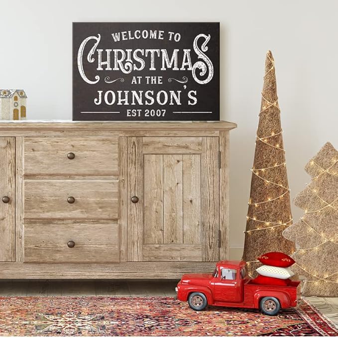 Milweb1 Personalized Family Name Welcome To Christmas/Rustic Vintage Farmhouse Holiday Decor Canvas Sign Holiday Decorations Wall Decor Print (8"x10")