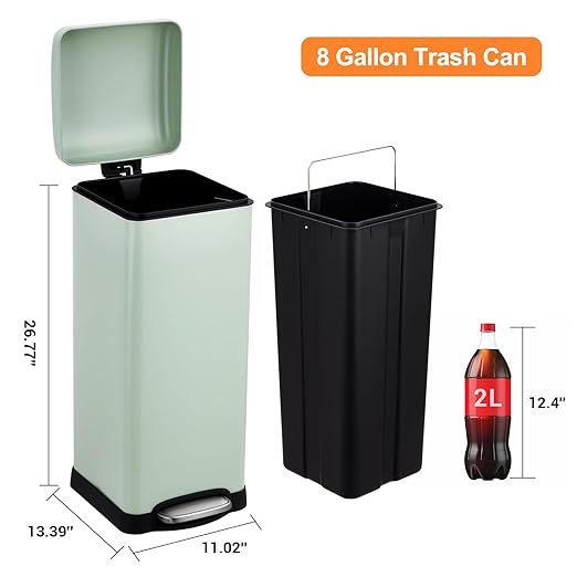 30 Liter/8 Gallon Kitchen Trash Can, Fingerprint-Proof Stainless Steel Garbage Can with Soft Close Lid, Foot Pedal, Removable Inner Bucket for Home, Office, Bedroom, Bathroom, Green