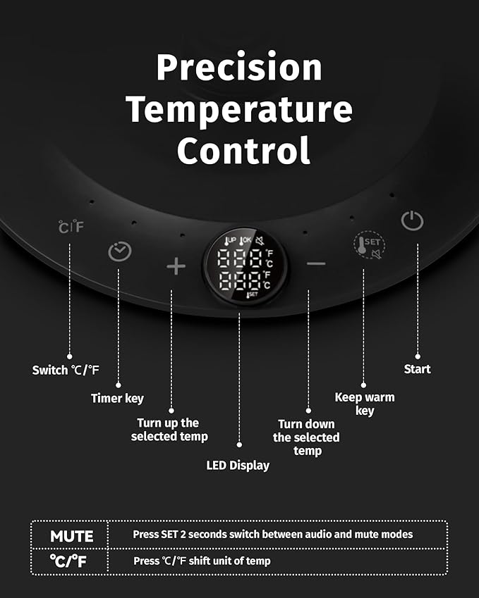 INFOOD 0.8L Gooseneck Electric Kettle, Precise Temperature Control for Pour Over Coffee & Tea, 1200W Fast Boiling Water, Auto Shut Off, Scheduling, Stainless Steel, Black