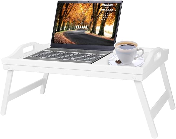 Breakfast Tray Table with Folding Legs Serving Tray Bamboo Dinner Trays for Platter Laptop Desk Bed Table Kitchen Serving Tray Snack Trays Large Size (White Large)
