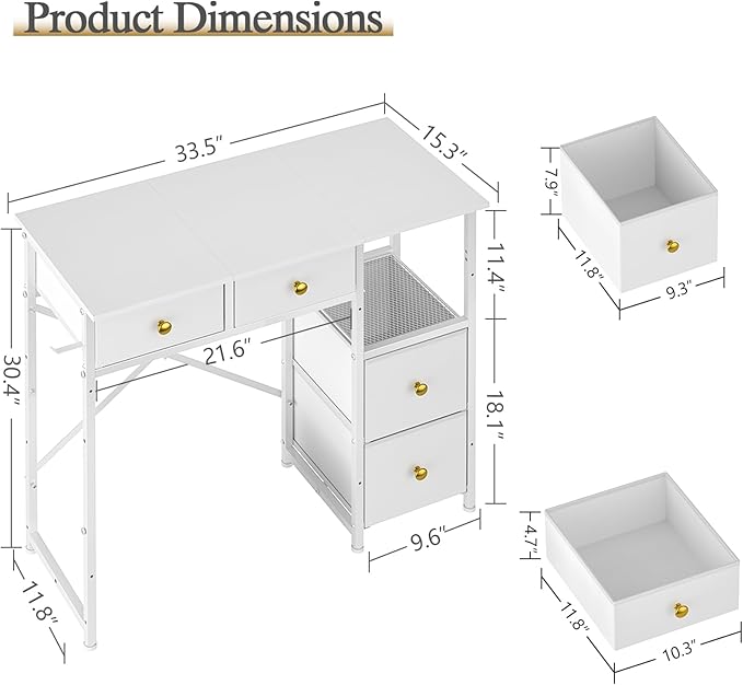 Small Computer Desk with 4 Fabric Drawers, Simple Writing Desk for Home Office, Compact Study Desks for Small Spaces, Kids Desk Study for Bedroom, White