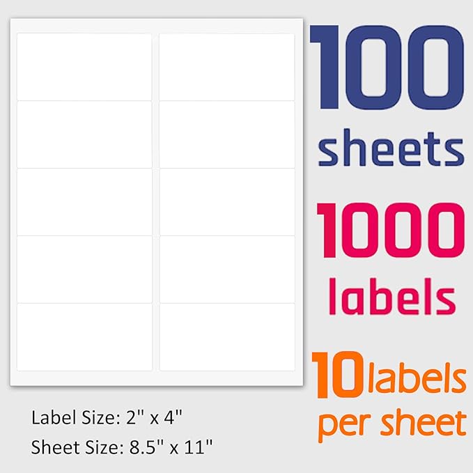 MPRT 2" x 4" Shipping Address Labels 1000 Label Stickers Paper for Laser & Inkjet Printer 10 per Page Printable Mailing Labels - Matte, 100 Sheets