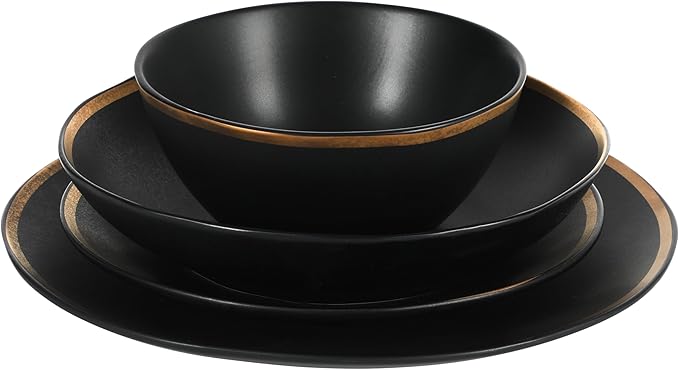 Gibson Elite Kings Road Double Plates and Bowl Organic Round Porcelain Dinnerware Set - Matte Black w/Gold Rim