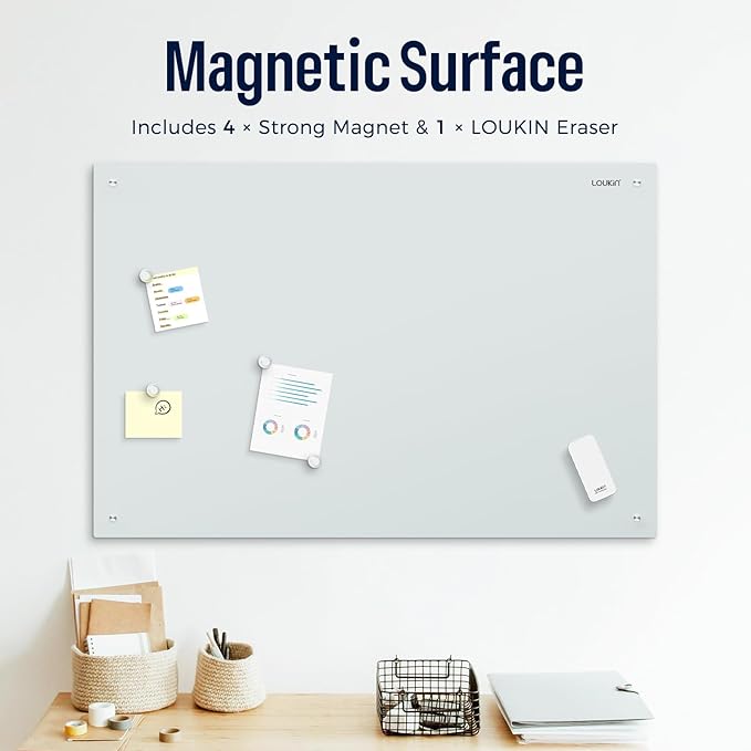 Loukin Glass Whiteboard for Wall, Magnetic Dry Erase Glass Board, Framless Surface White Board for Office, School, Dry Erase Whiteboard Set Includes Cleaner & Eraser & Marker (24" x 36")