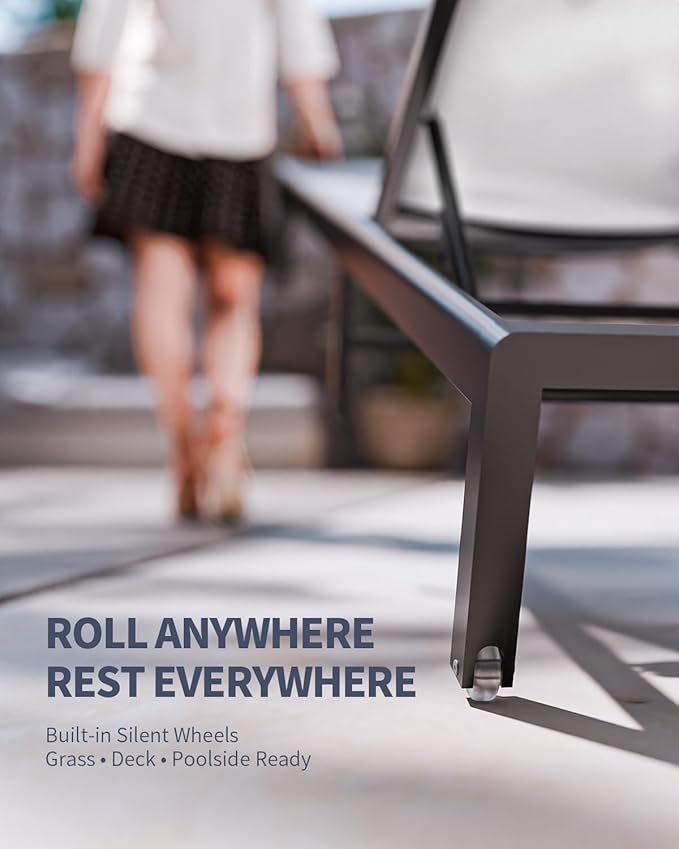 Aluminum Lounge Chairs Outdoor Chaise Furniture,2 Sets Patio Metal Deck Lounger Adjustable 5-Position Poolside Chase Recliner with Wheels for Beach,Coffee Table, (White, 2 Chairs + Table)