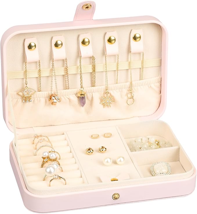 Small Jewelry Box, Travel Jewelry Case Portable Jewelry Boxes for Women, 2-Layer Mini Jewelry Travel Organizer, Gift for Women Girls,Pink B