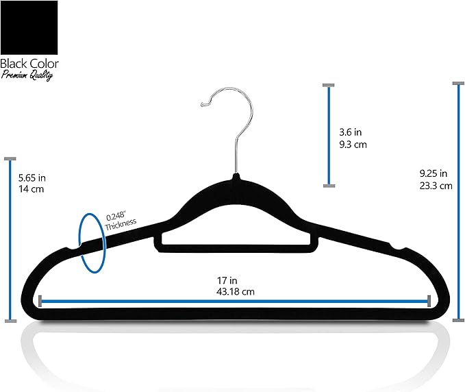 Premium Velvet Hangers, [50 Pack] Non Slip and Heavy Duty Velvet Suit Hangers (45cm) with Tie Bar, 360° Swivel Hooks, Sturdy to Hold Jumper, Pullovers, Jackets & Hoodies (50 Pack, Black)