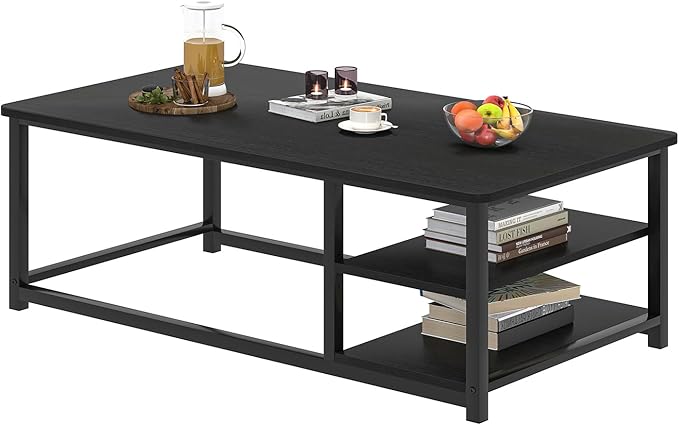EXCEFUR Black Coffee Table, Rustic Wood Living Room Table with Storage Shelf, Modern Rectangle Center Table, 47 Inch
