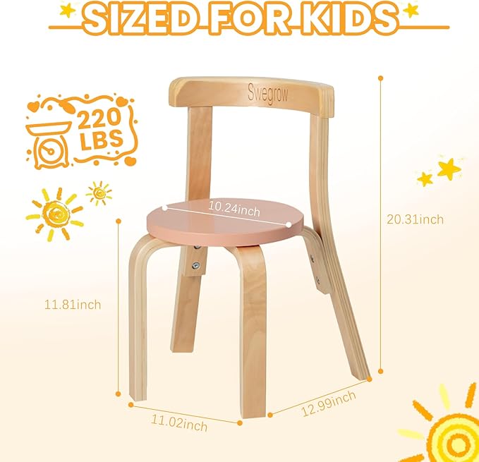 Swegrow Wooden Kids Chair, Toddler Chair for Table, Kids Stackable Chairs, Kid Wooden Furniture for Family/Playroom/Classroom（Set of 2-Color）