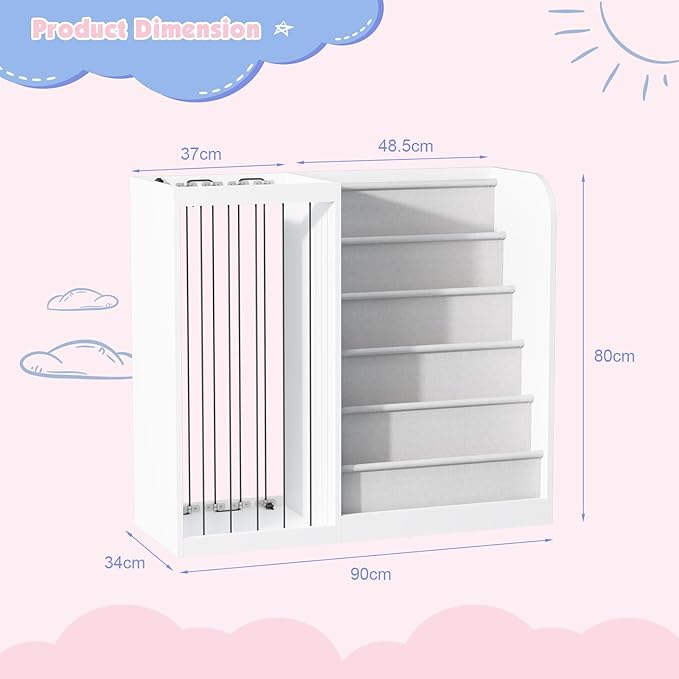 White Kids Bookshelf & Stuffed Animal Net Holder Plush Toy Storage Organizer Child Bookcase Toddler Baby Sling Book Rack for Playroom Bedroom Nursery Infant Boys Girls Classroom