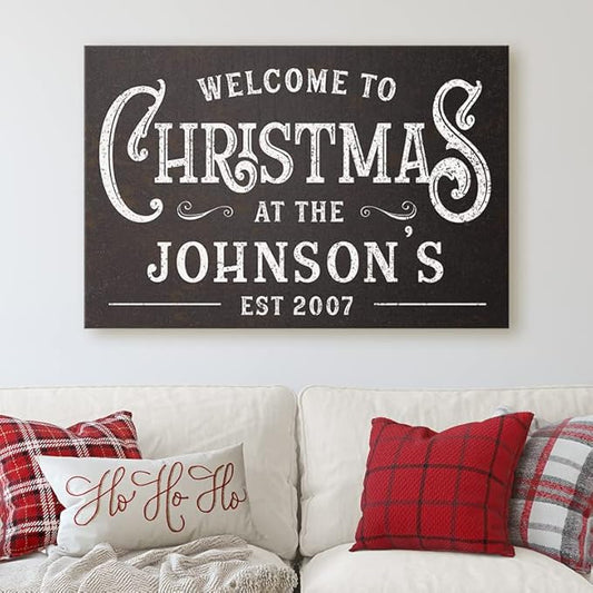Milweb1 Personalized Family Name Welcome To Christmas/Rustic Vintage Farmhouse Holiday Decor Canvas Sign Holiday Decorations Wall Decor Print (18"x24")