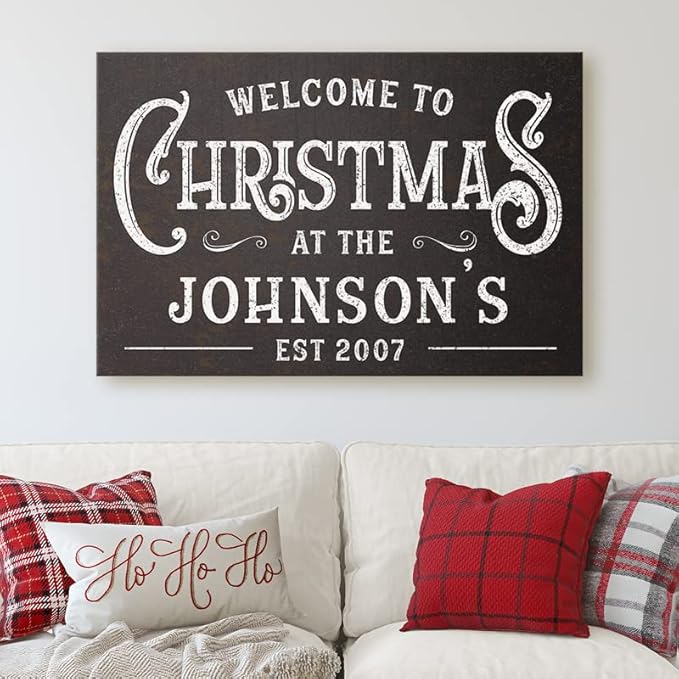 Milweb1 Personalized Family Name Welcome To Christmas/Rustic Vintage Farmhouse Holiday Decor Canvas Sign Holiday Decorations Wall Decor Print (8"x10")