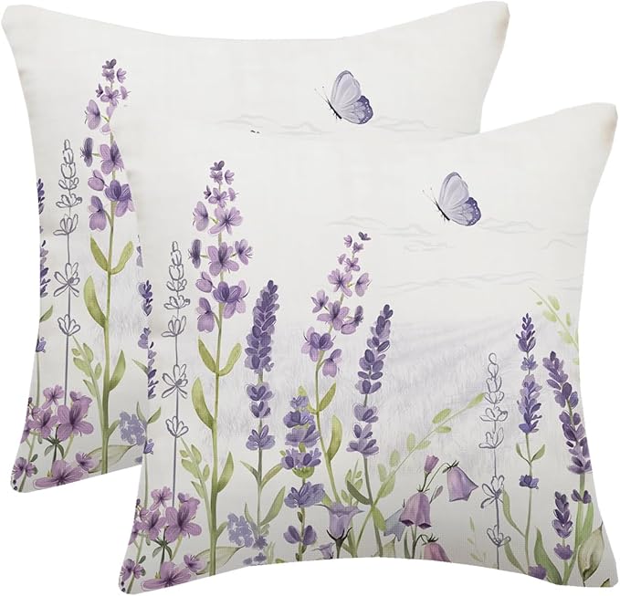Spring Lavender Pillow Cover 16x16 Inch Set of 2, Purple Flowers Throw Pillow Covers Summer Watercolor Floral Decorations Linen Cushion Covers Farmhouse Home Decor for Sofa Couch Outdoor